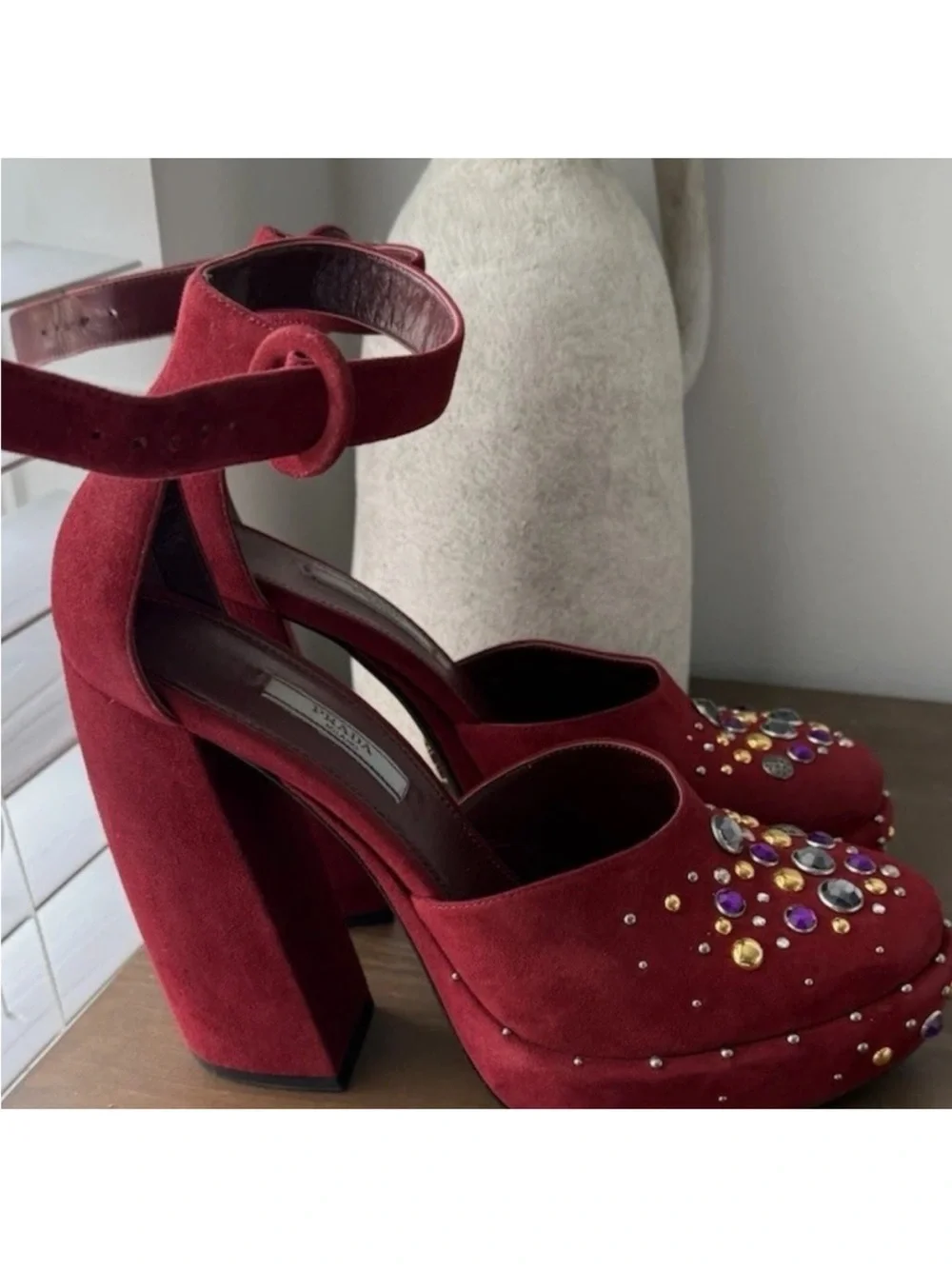 Prada Burgundy Suede Gem-Embellished Mules - Picture 3 of 5